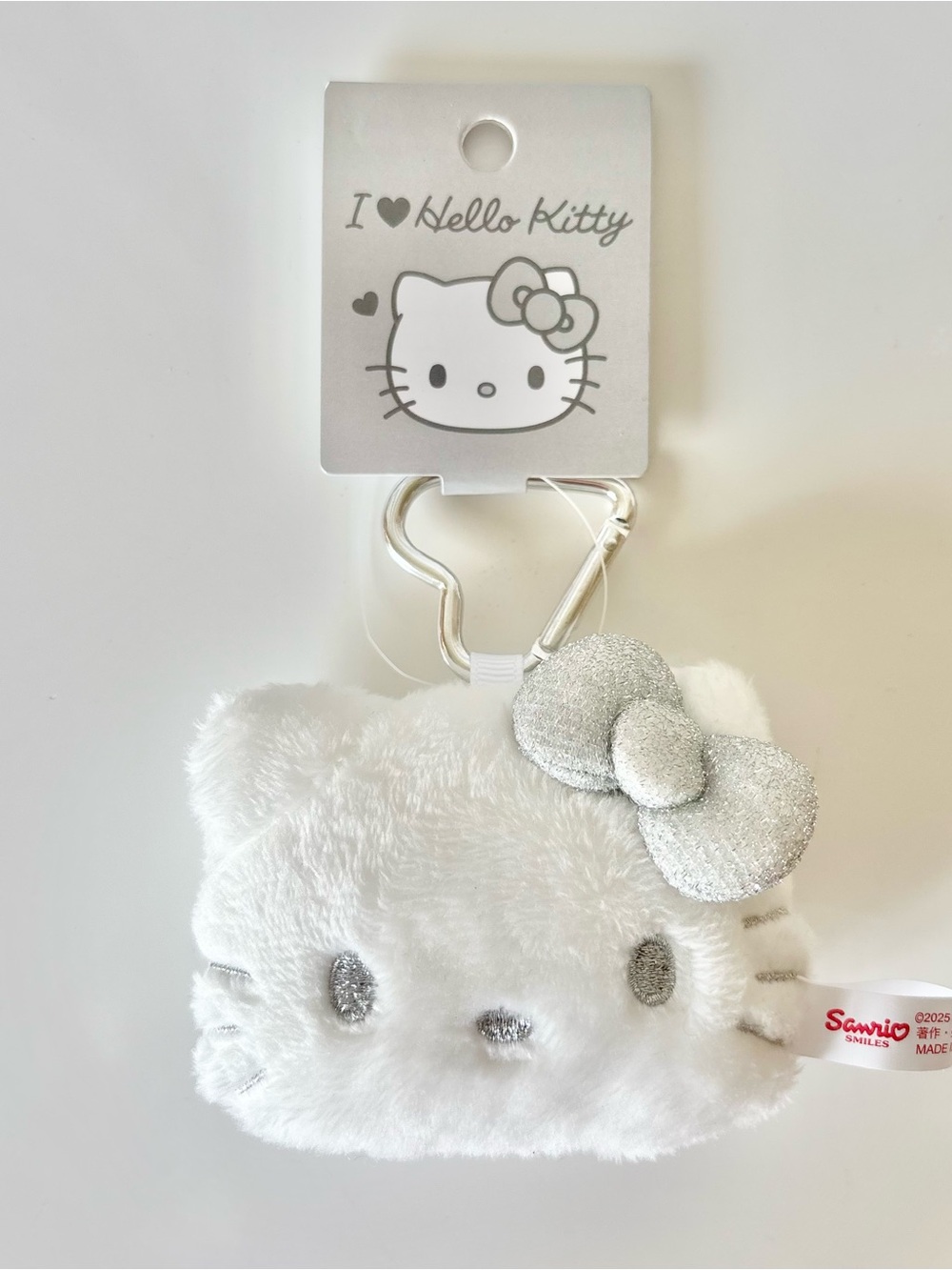 I heart Hello Kitty Mini Plush Bag Charm w Silver Features+Bow +Heart Clip NWT